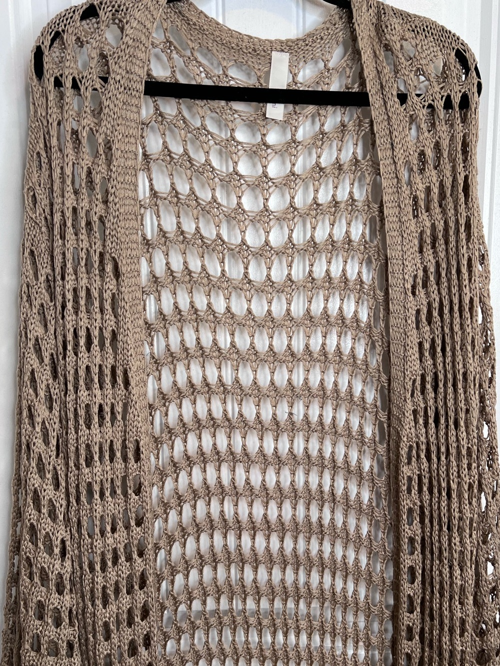 Primi Extra Long Taupe Open-Knit Crochet Duster Cardigan. Size Large. - Picture 5 of 12